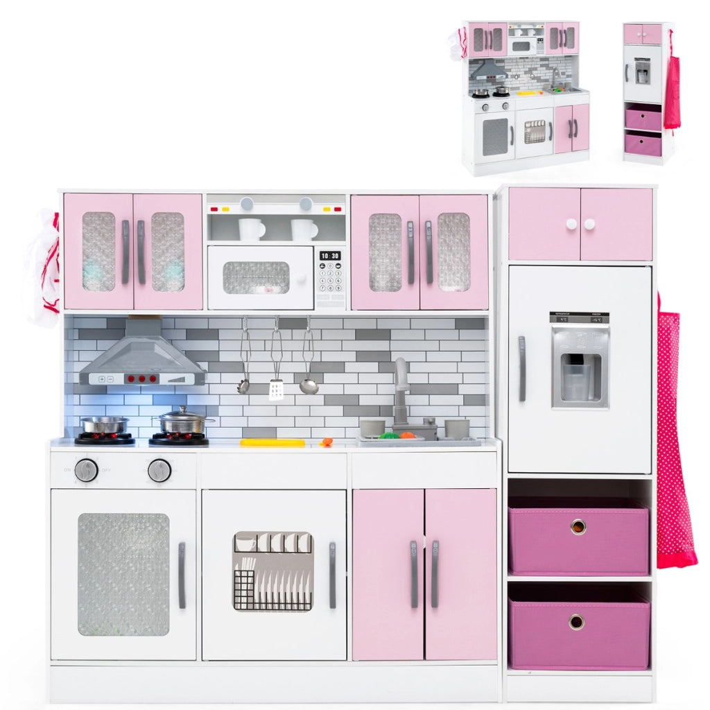 Cucina legno da gioco con spazio di stoccaggio e accessori, Cucina legno da gioco con luci e funzioni interattive Rosa