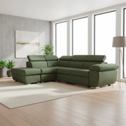 Divano Letto Angolare Fiona con Penisola Sinistra e Pouf Contenitore – Verde Oliva