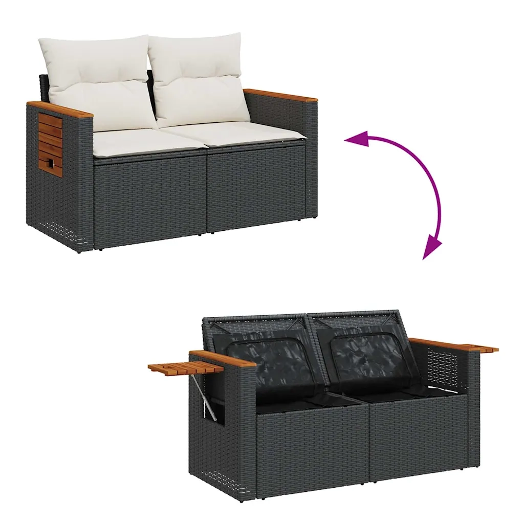 Set Divani da Giardino con Cuscini 7pz Nero Polyrattan Acacia