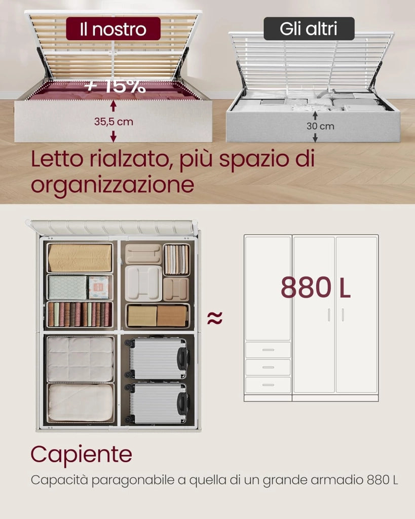 VASAGLE Struttura Letto, 140 x 200 cm, Letto Sollevabile con Contenitore, Testiera, Sollevamento Idraulico, Moderno e Semplice, Montaggio Facile, Beige Cappuccino RMB614LH01