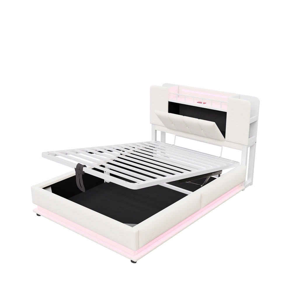 Letto imbottito per bambini 90x200 cm con LED, USB e contenitore idraulico, beige