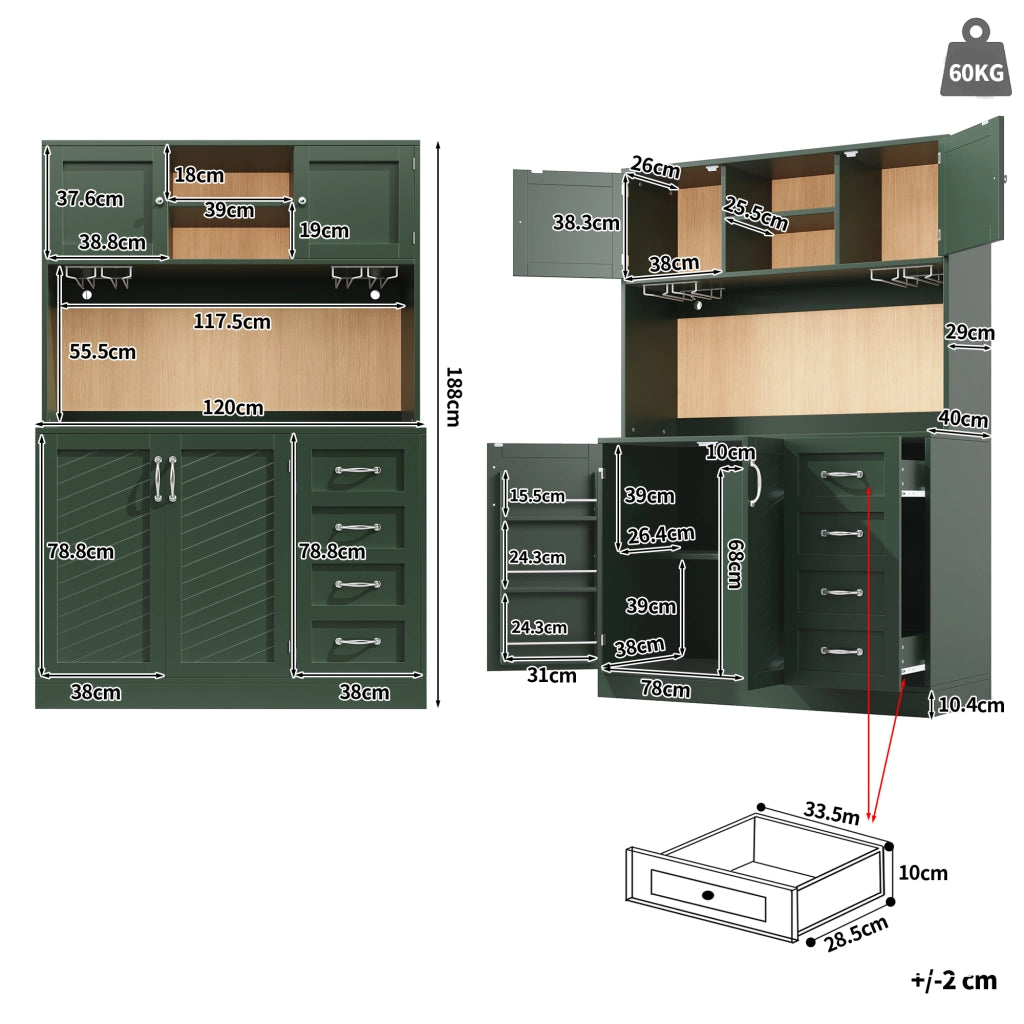 OKWISH Credenza da Cucina con 4 Ante, Cassetti, Supporti per Bevande e LED, per Cucina, MDF, Verde, 120 x 40 x 188 cm