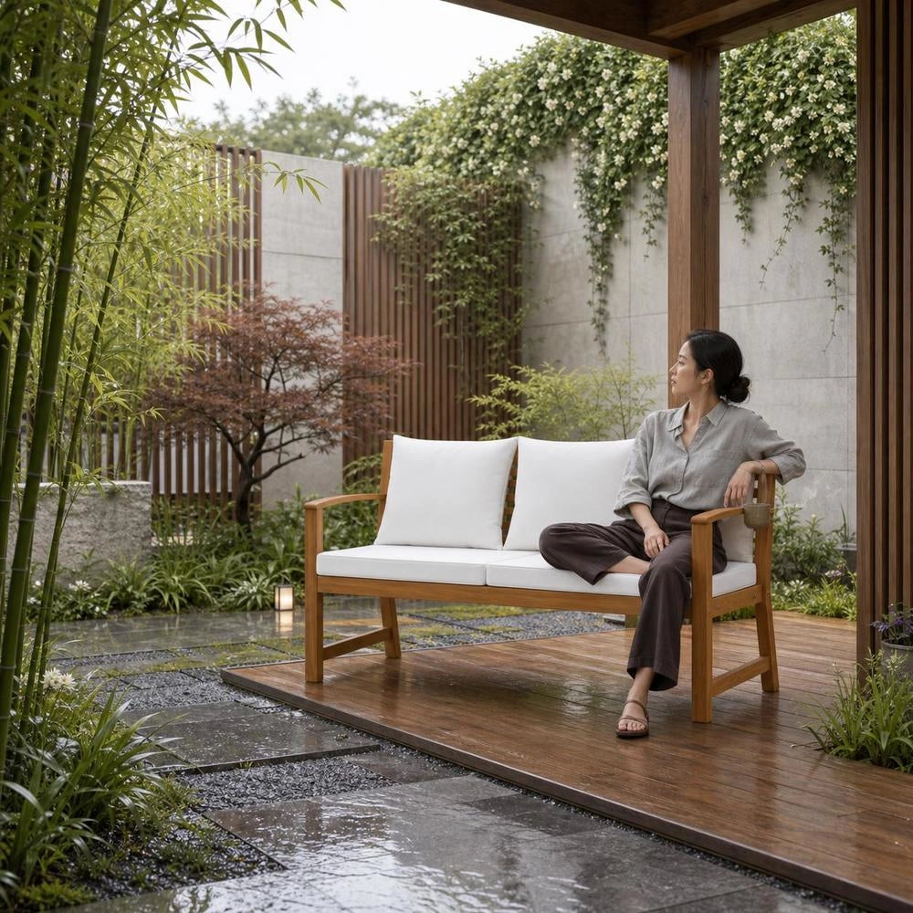 Garden Bench 114.5 Cm With Cream Cushion, Solid Acacia Wood