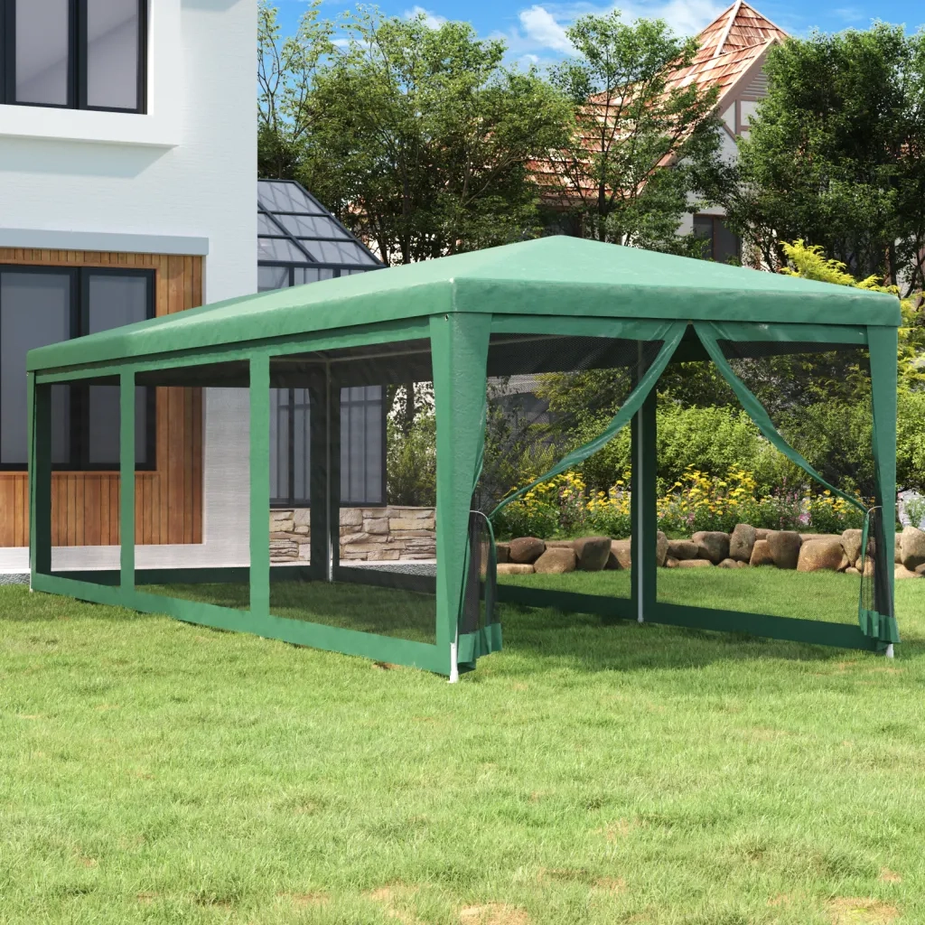 Tenda per Feste con 8 Pareti Laterali in Rete-Tenda Gazebo Verde 3x9 m HDPE