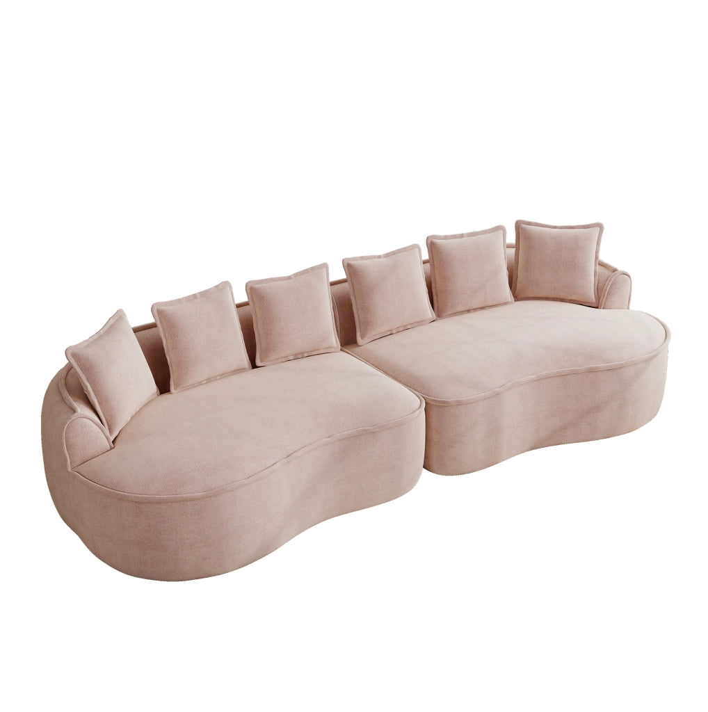 Divano modulare senza struttura in tessuto chenille rosa; con chaise longue profonda e cuscini