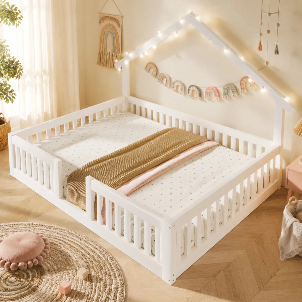 Letto a casetta per bambini 140x200 cm in MDF e pino bianco con LED e sponde