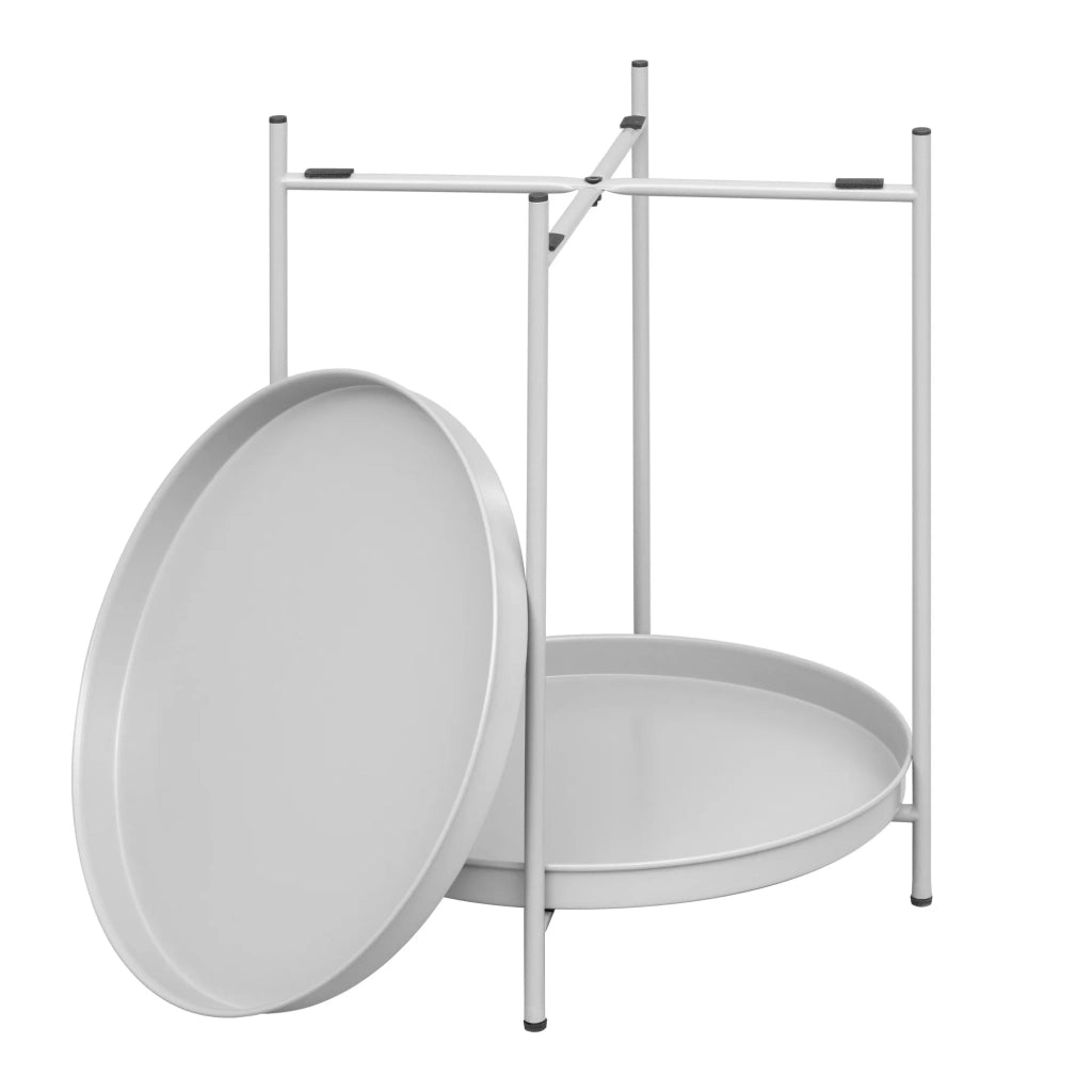 Tavolino da caffè rotondo con 2 ripiani e vassoi estraibili; per soggiorno; in metallo; 44×44×53 cm; grigio chiaro