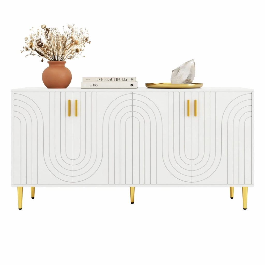 Credenza moderna bianca in MDF con design ondulato, struttura capiente e sistema antiribaltamento