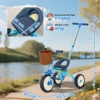 Triciclo per Bambini 2 in 1, con Manubrio regolabile, Pedali Antiscivolo, Poggiapiedi Pieghevoli e Cestino, età 2-5 Anni, Azzurro