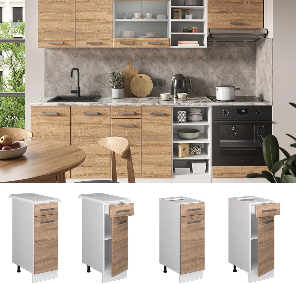 Mobiletto base per cucina R-Line, Sonoma, 30 cm, PL Marmo, per la libera combinazione all'interno di sistemi cucina modulari