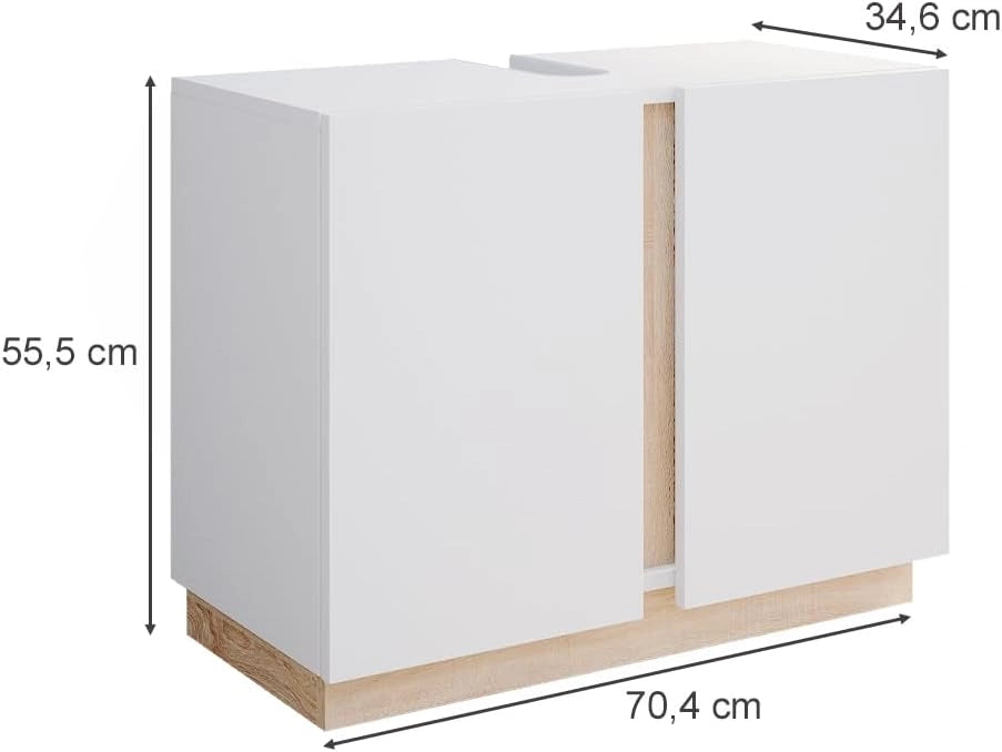 Mobile sottolavabo per bagno Gloria, Bianco, 70.4 x 55.5 cm con 2 porte, con apertura per sifone e compatibile con la serie Gloria