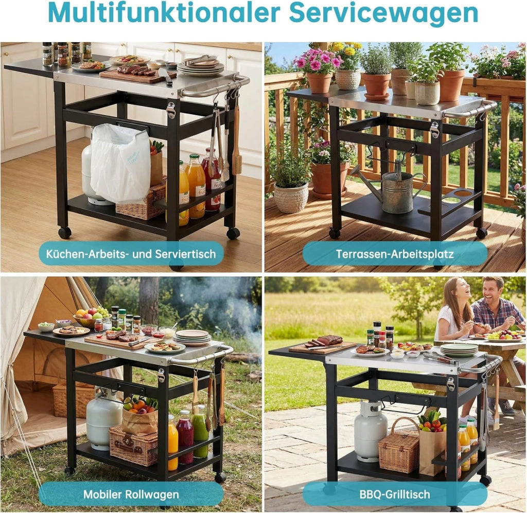 Carrello Barbecue per Esterni,Carrello da Pranzo Multifunzionale con Tavolo Laterale Pieghevole,Tavolo per Grigliare con Piano in Acciaio Inox,4 Ruote,Ganci e Portabottiglie,116x48.5x80.5 cm