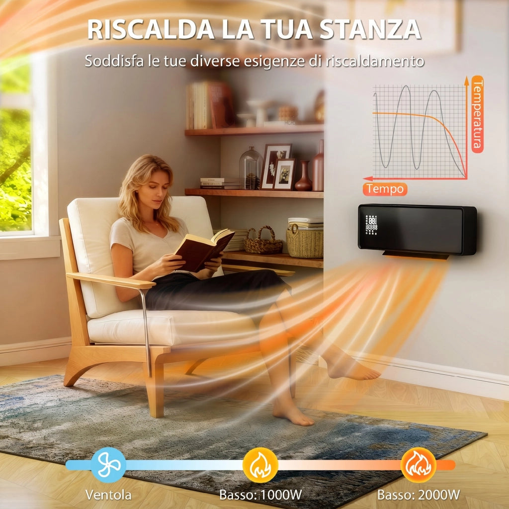 Stufa Ceramica 2000W a Parete con 3 Modalità Temperatura Regolabile Timer Telecomando Blocco Bambini Nero