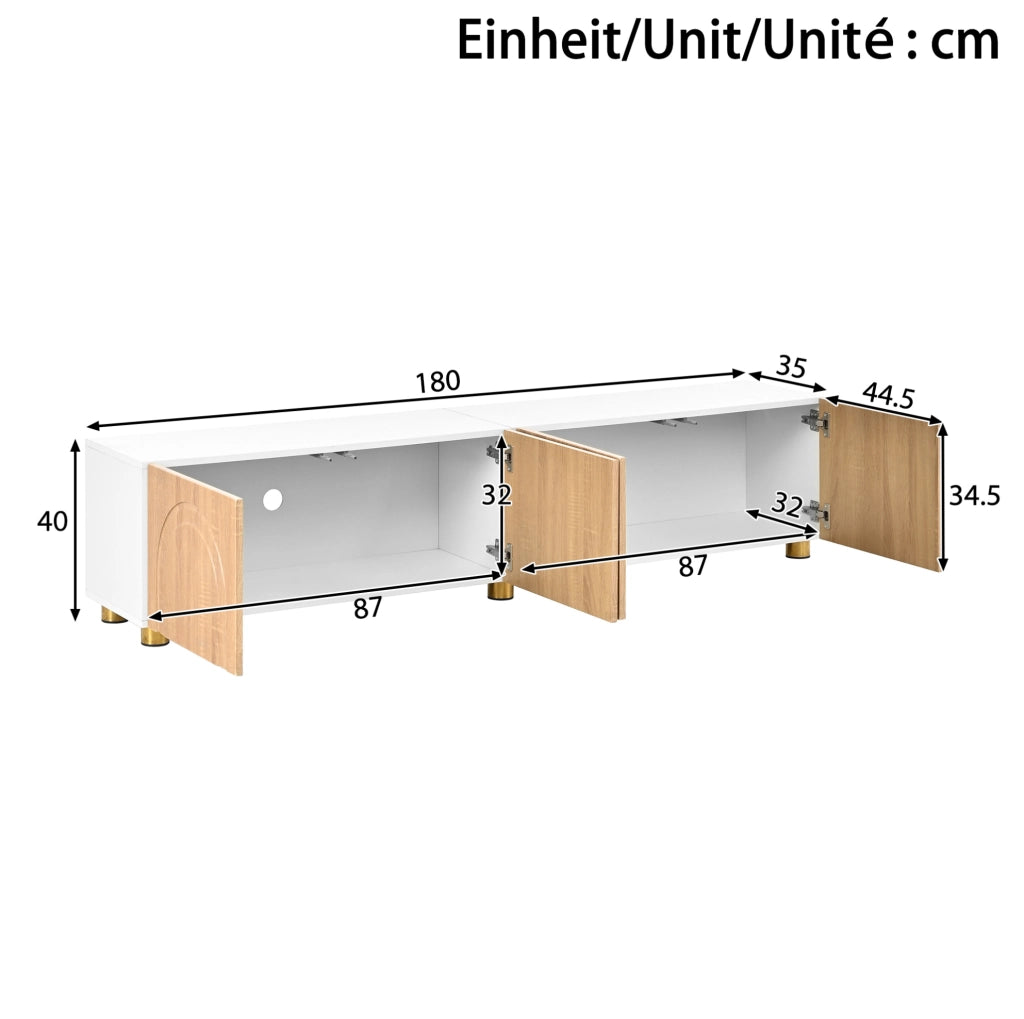 Mobile TV con 4 ante e rilievo ad arco; 180 cm; MDF e truciolare; naturale e bianco