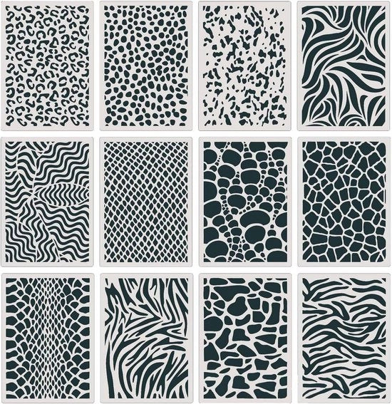 Serie di stencil riciclabili con disegni di animali - 12 pezzi - per pittura - plastica - creativo - buco centrale - dimensioni 21 x 15 cm