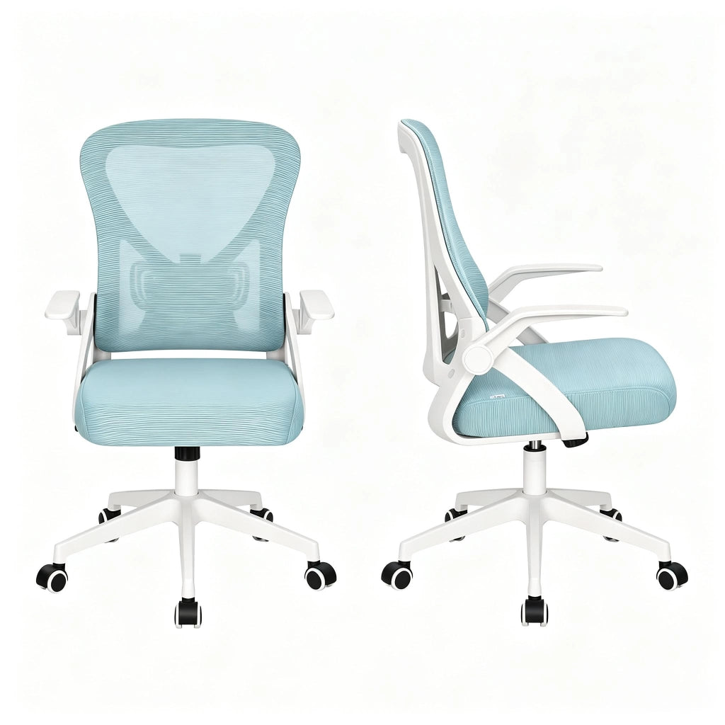 Sedia da ufficio ergonomica girevole in rete con schienale inclinabile e braccioli pieghevoli, in mesh blu