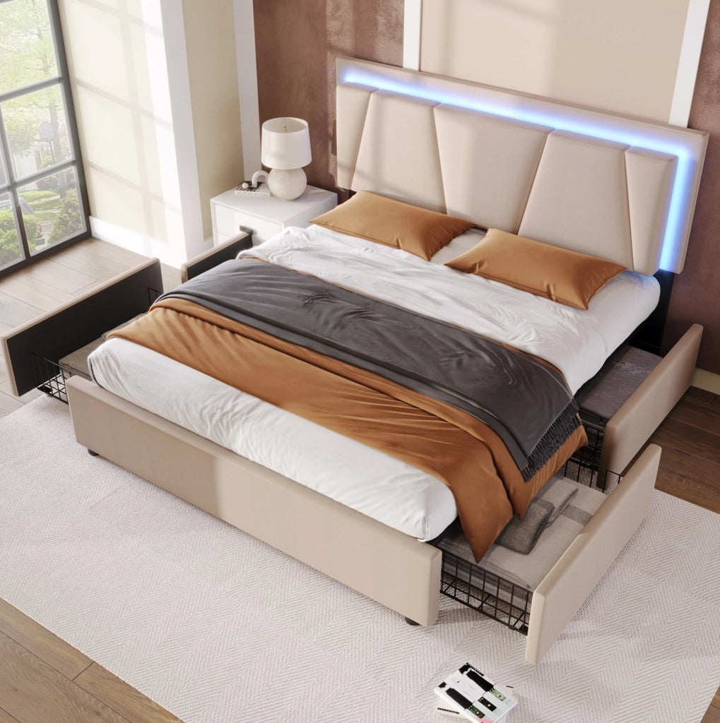 Letto matrimoniale 140x200 cm con LED; testiera regolabile e 4 cassetti; beige; con materasso