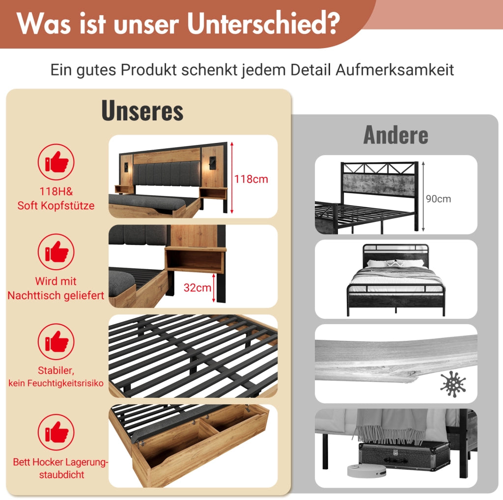 Letto matrimoniale 160 x 200 cm con luci, comodini USB-C e panca contenitore