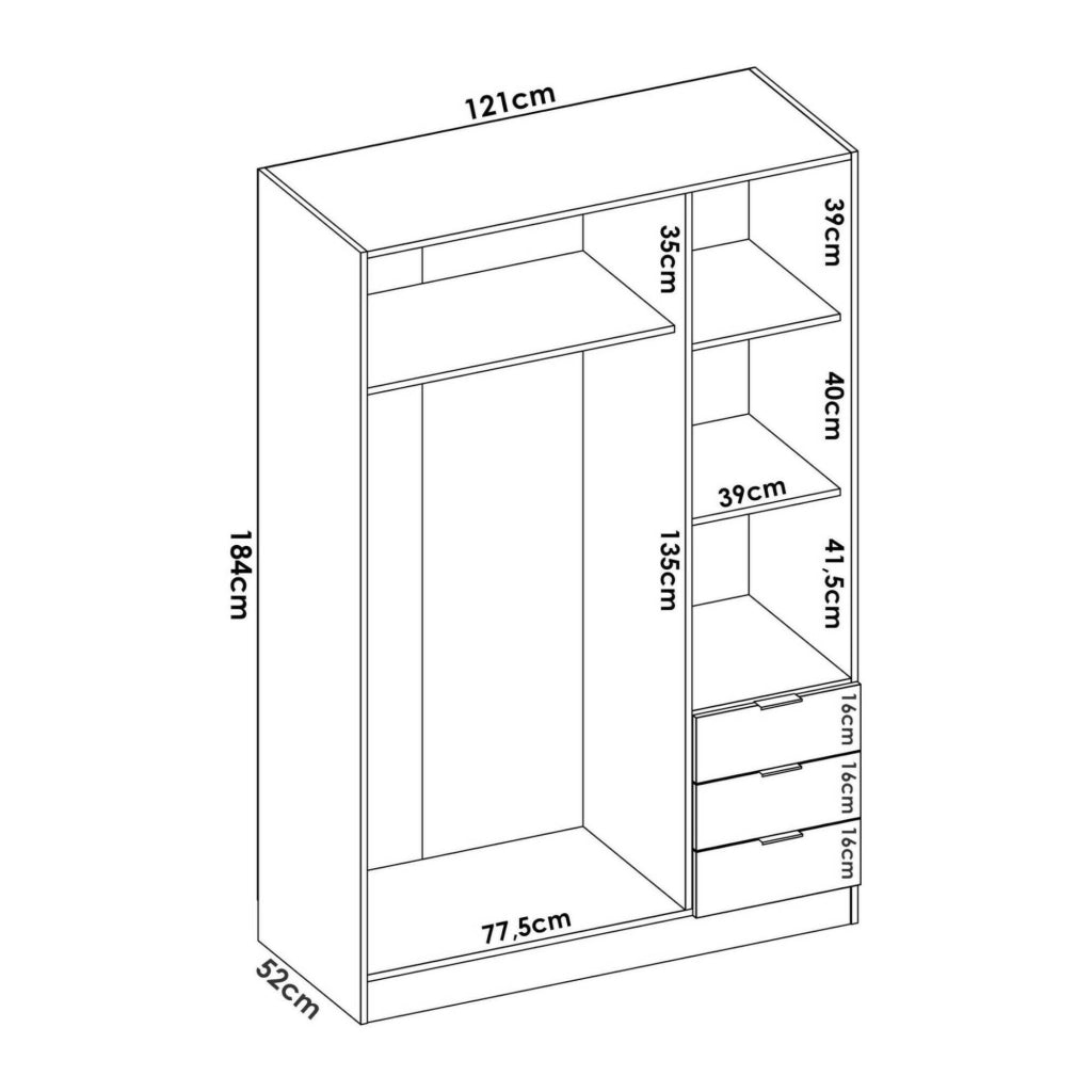 Guardaroba Astru, Mobile appendiabiti per camera da letto, Armadio a 3 ante battenti e 3 cassetti, 121x52h184 cm, Bianco e Rovere