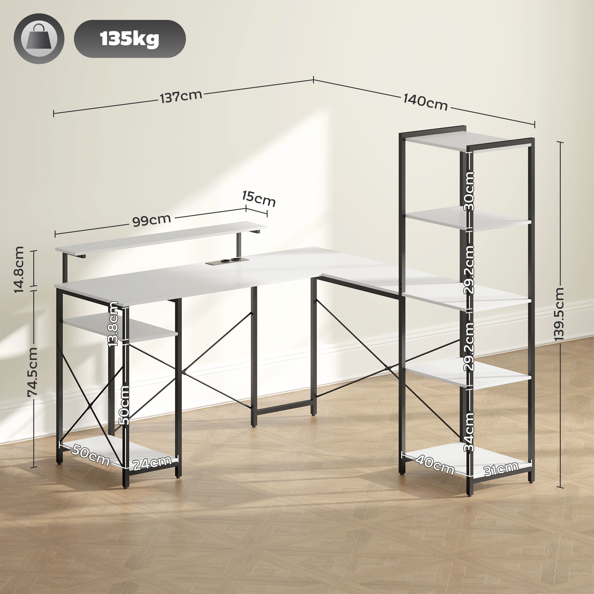 Scrivania Angolare 137x140x139,5 cm Supporto per Monitor Presa Elettrica e USB Bianco e Nero