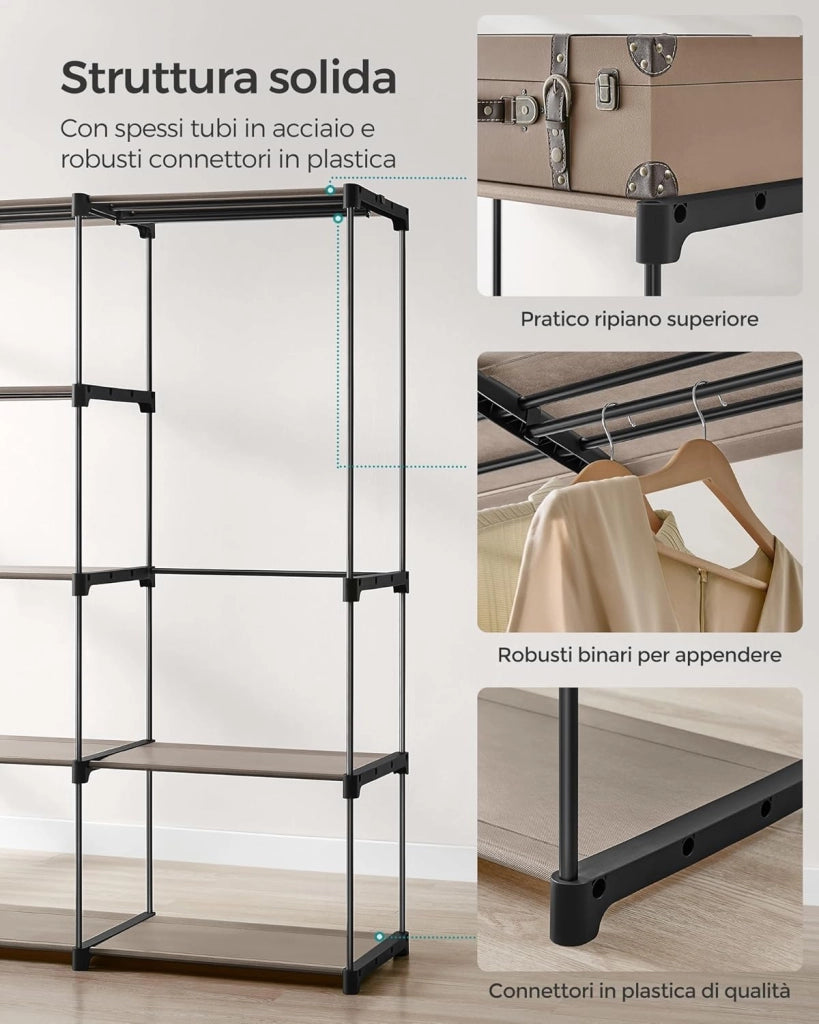 SONGMICS Armadio, Guardaroba Autoportante, con Barre Appendiabiti, Portabiti Ripiani in Tessuto, Struttura in Metallo, 182 x 43 x 182 cm, Talpa RYG037R02