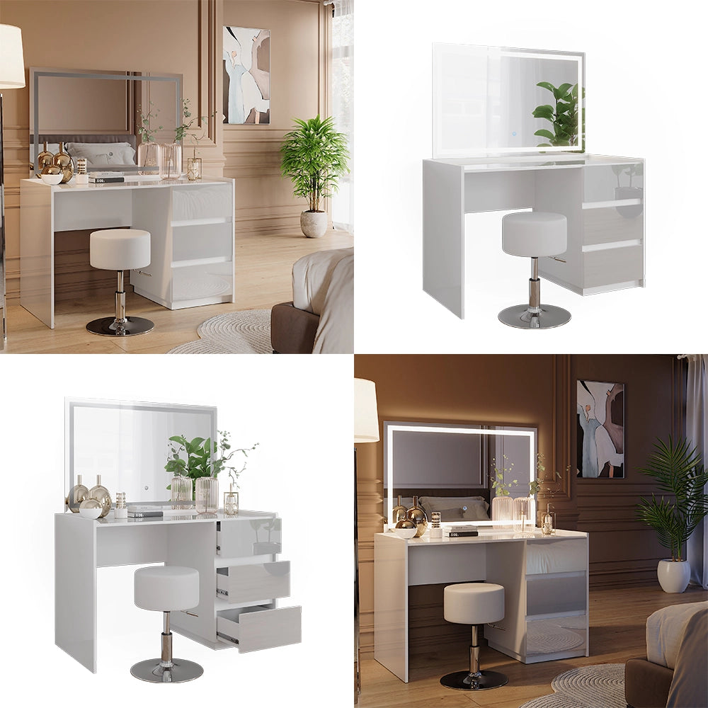 Vicco Tavolo da toilette Bianco lucido 120 cm con specchio LED e sgabello