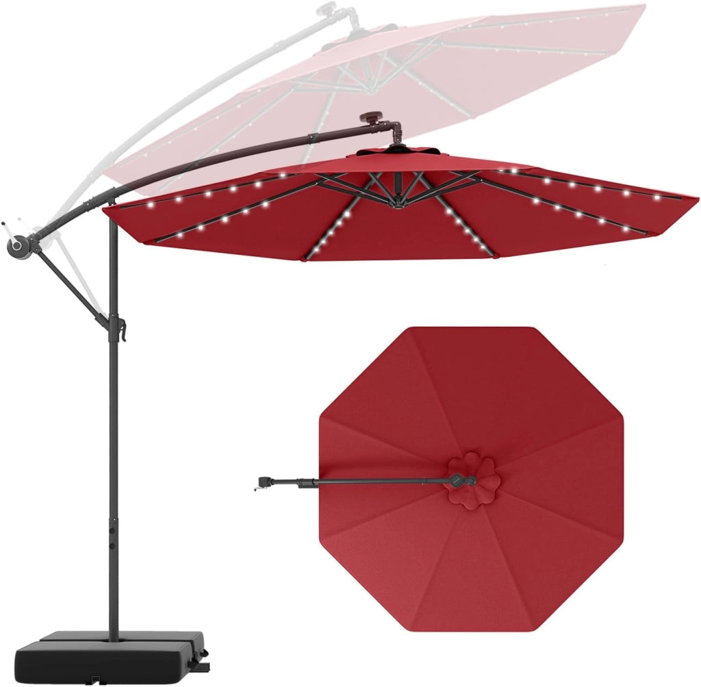 Ombrellone da Giardino con LED e Pannello Solare, Ombrellone Parasole con Sacchi di Sabbia, Anti UV, Impermeabile, Regolabile ad Angolo, Ombrellone da Giardino 3x3 con Manovella