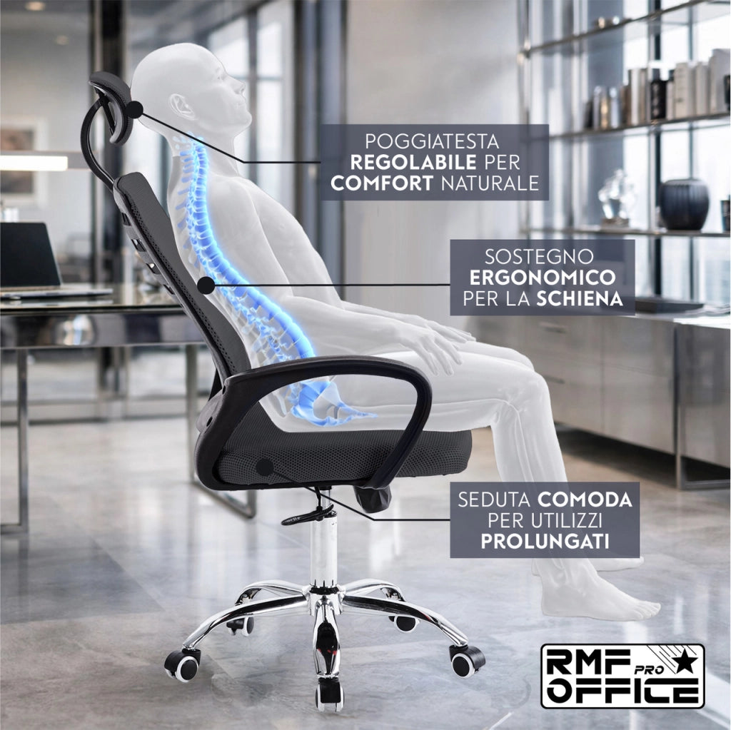 RMF Sedia Ufficio Ergonomica Professionale Reclinabile, Sedia Scrivania in Rete con Seduta Comoda e Rilassante - Poltrona Relax Ufficio con Ruote Girevoli Altezza Regolabile Nero