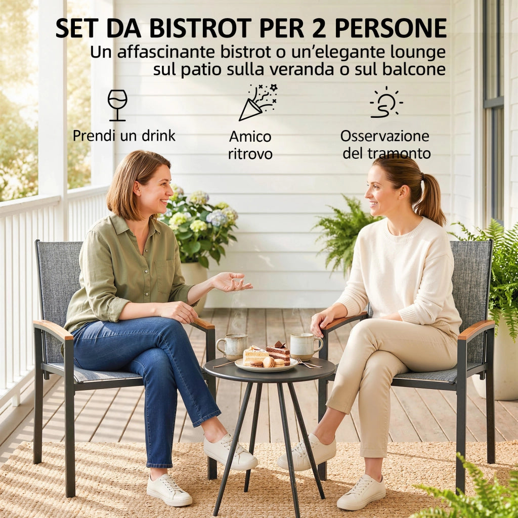 Set 3 Pezzi Bistrò 2 Sedie in Rete e Tavolo in Acciaio e Texteline Grigio Melange