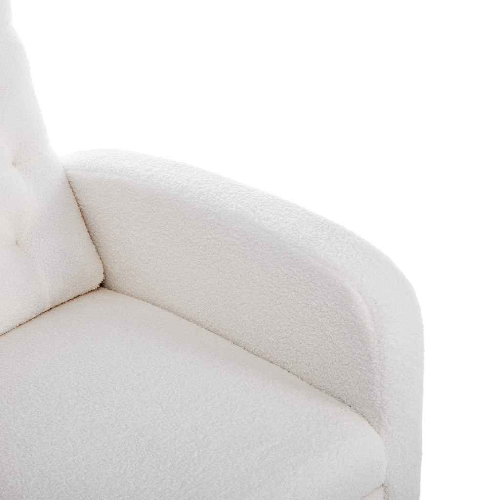 Sedia a dondolo in boucl¨¦ bianco con poggiapiedi estendibile, tasche laterali e struttura in legno massiccio