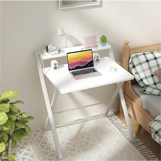Bureau Opvouabile Senza Montaggio - Dimensioni Ampie Tavolo Computer Portatile a 2 Livelli - Studiobureau - Tavolo Laptop Opvouibile per Spazi Ristretti - Bianco