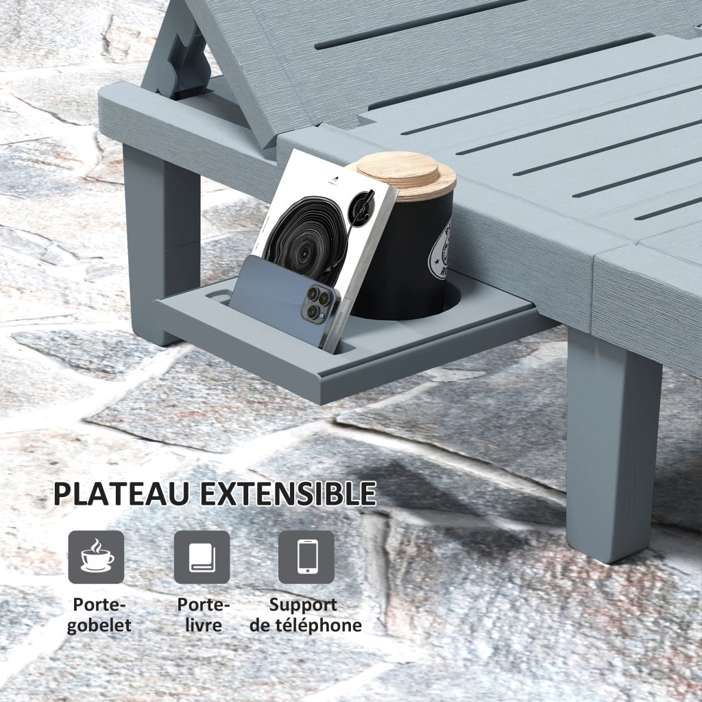Lettino prendisole 2 pezzi con vassoio ¨C zephmum ¨C effetto legno 62x158x88 cm grigio
