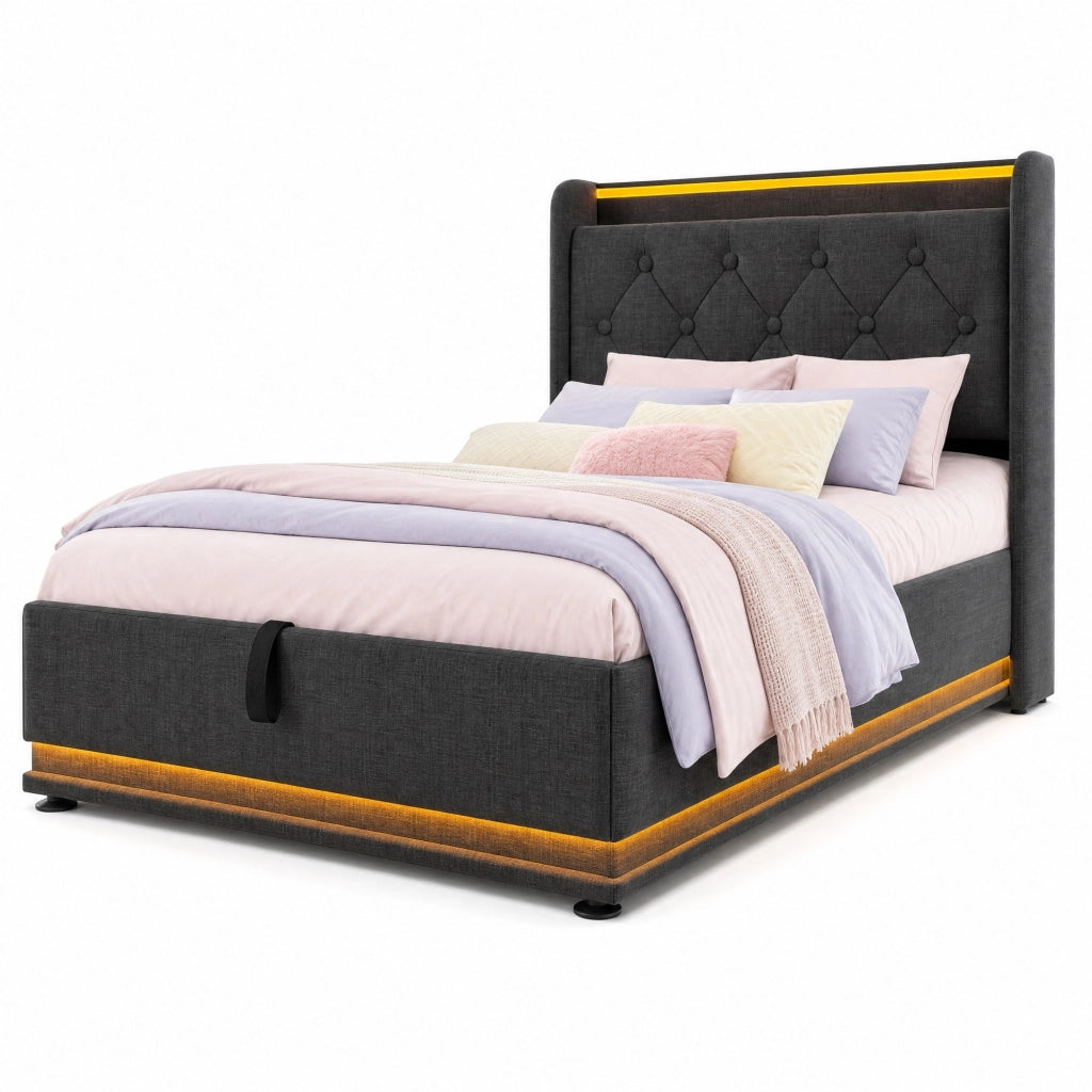 Letto singolo 90x200 cm in lino grigio con LED 360掳; USB e contenitore idraulico