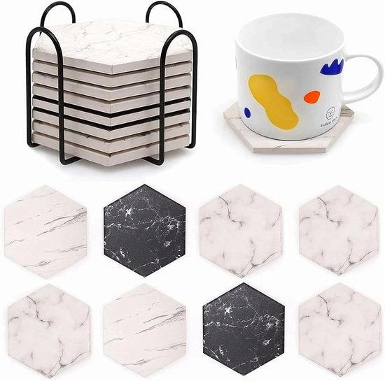 8 sottozatoi ceramici a sei facce, disegno marmo, assorbenti, con base di gomma antiscivolo per bevande, assorbenti con supporto metallico, decorazione per bar casa, regalo per la padrona di casa.
