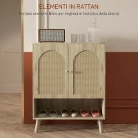 Mobile Multiuso in Stile Boho con Ante in Rattan e Ripiano Aperto, 80x38x100cm, Rovere