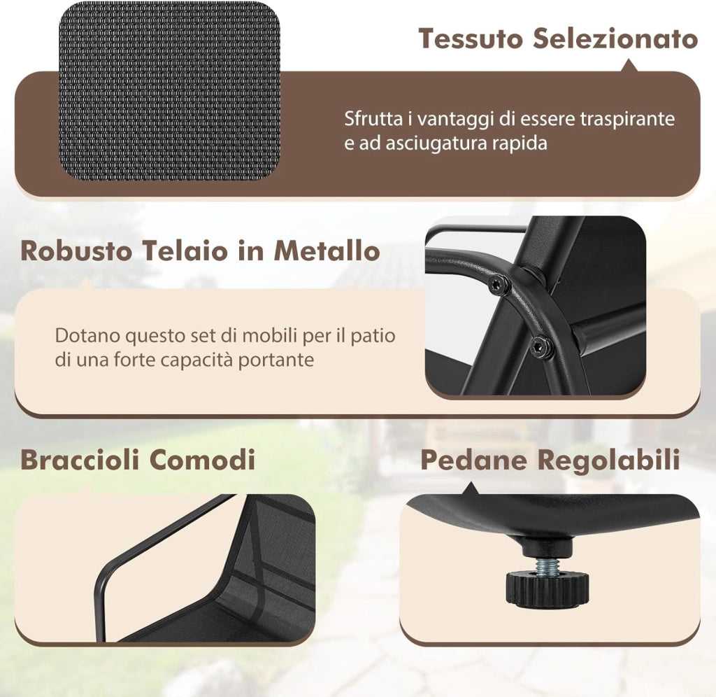 Set Tavolo e Sedie da Giardino 4 Pezzi, Tavolino in Vetro Portato 50 kg, Sedie Portata 150 kg, Panca Portata 300 kg, Set Bistro in Tessuto Textilene, per Cortile Terrazza Piscina (Nero)
