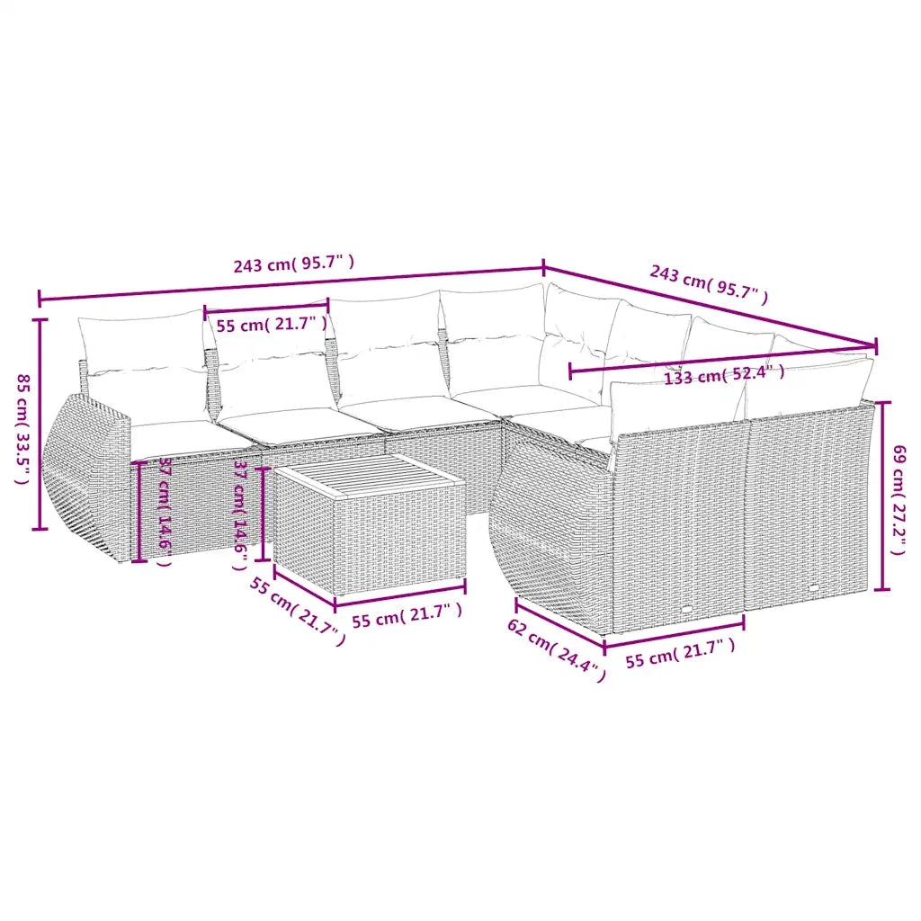 Set Divani da Giardino 9 pz con Cuscini Nero in Polyrattan 3224930