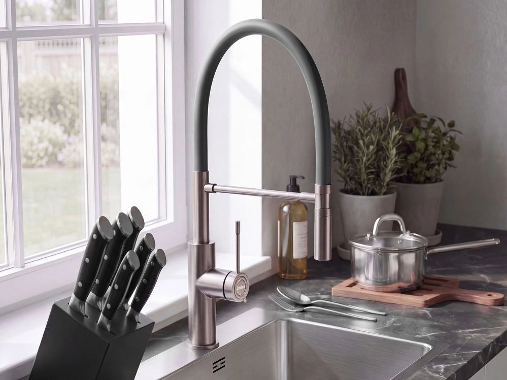 Rubinetto da Cucina Grigio in Acciaio Inossidabile Girevole ed Estraibile Miscelatore con Aeratore Tubo Flessibile a Molla Design Moderno