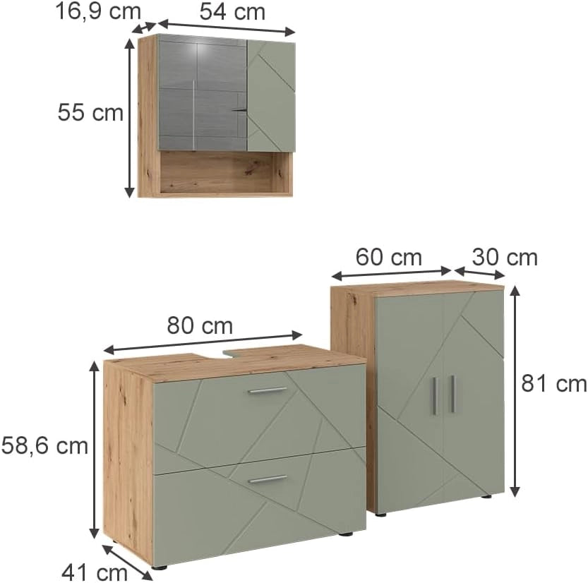 Set di mobili da bagno Irma, Verde salvia, 80 cm, composto da mobile sottolavabo, specchiera e mobile medio