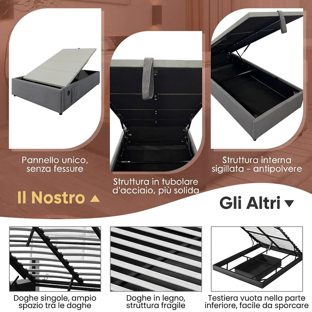 Letto Singolo 90x190 cm Letto Contenitore Senza Testiera con Prese USB e Type-C; Base in Legno Massello e Cotone; Grigio