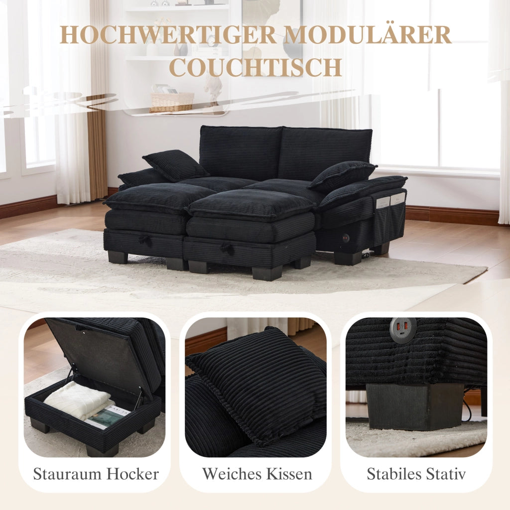 Divano modulare 2 posti con schienale ergonomico, porta USB-C e tasche laterali, con pouf in tessuto corduroy nero