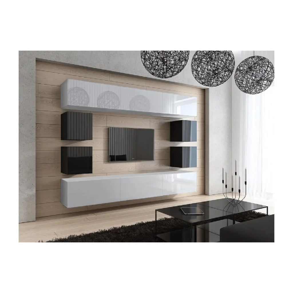 Set di mobili da soggiorno bianco e nero sospesi collezione CEPTO XVII 249 cm, 10 mobili, LED, modulari