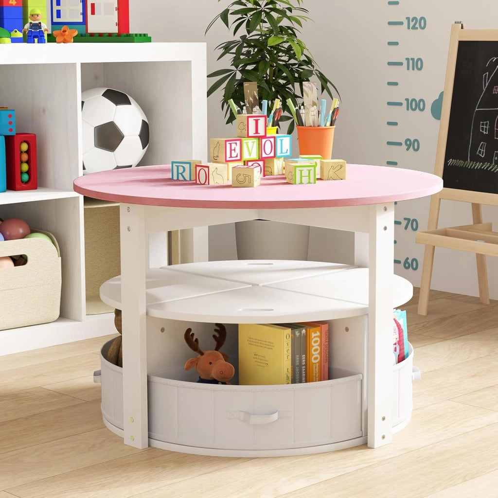Set Tavolo e Sedie per Bambini a 5 Pezzi, Tavolino Rotondo Salvaspazio con 4 Sgabelli, Ripiano e 4 Cassetti in Tessuto, Set Mobili per Cameretta, Asilo e Disegnare (Rosa)