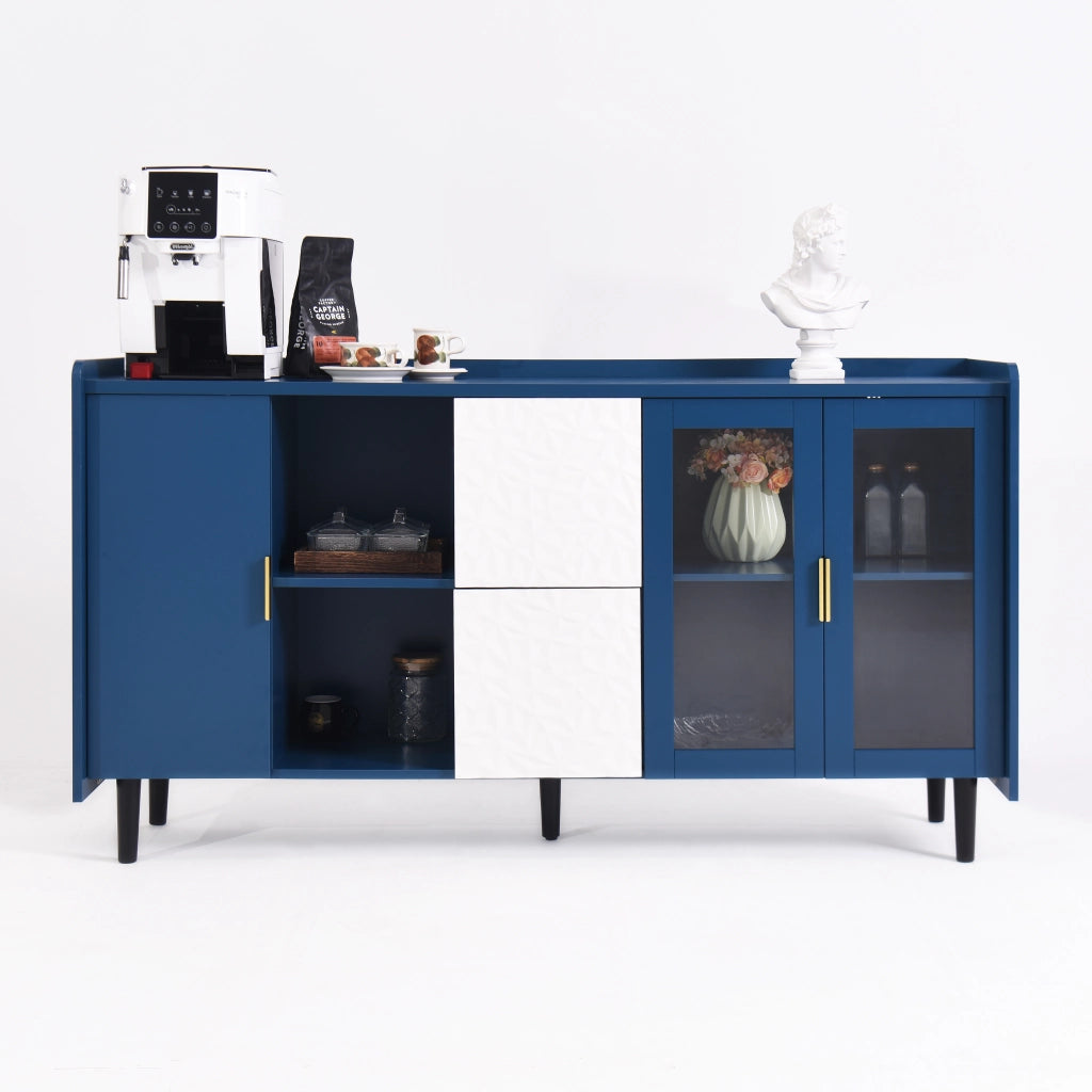 Buffet da Cucina con Vetro e Cassetti ¨C Xylo ¨C Legno Blu, 2 Ante, 55 Pollici