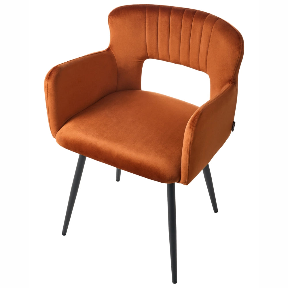 Set di 2 sedie da pranzo velluto arancione braccioli schienale intagliato gambe in metallo moderna industriale