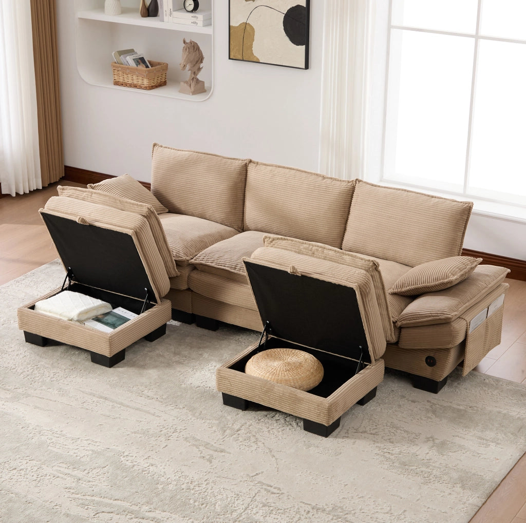 Divano 3 posti in velluto a coste con 2 pouf; USB-C e tasche laterali; kaki