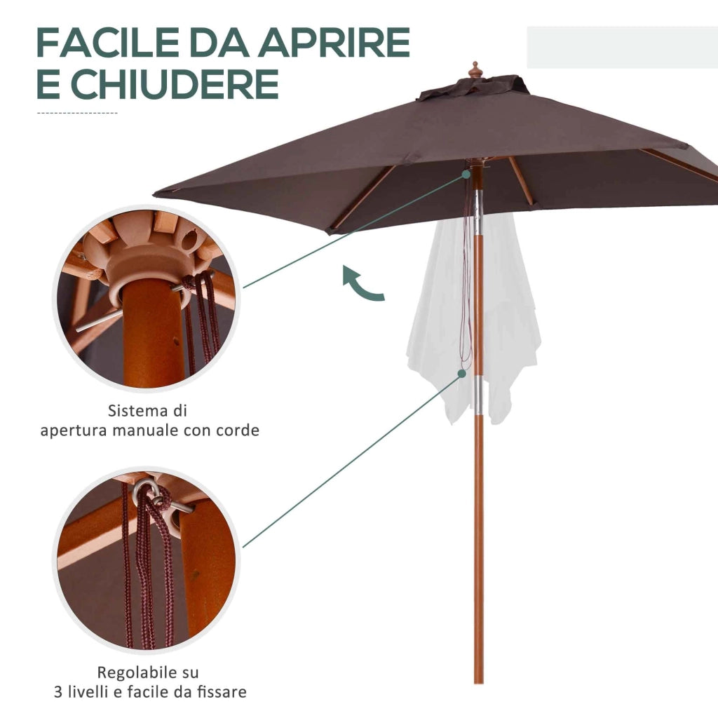 Ombrellone da Giardino Rettangolare Inclinabile 200x150x235H cm Apertura a Corda Caffè