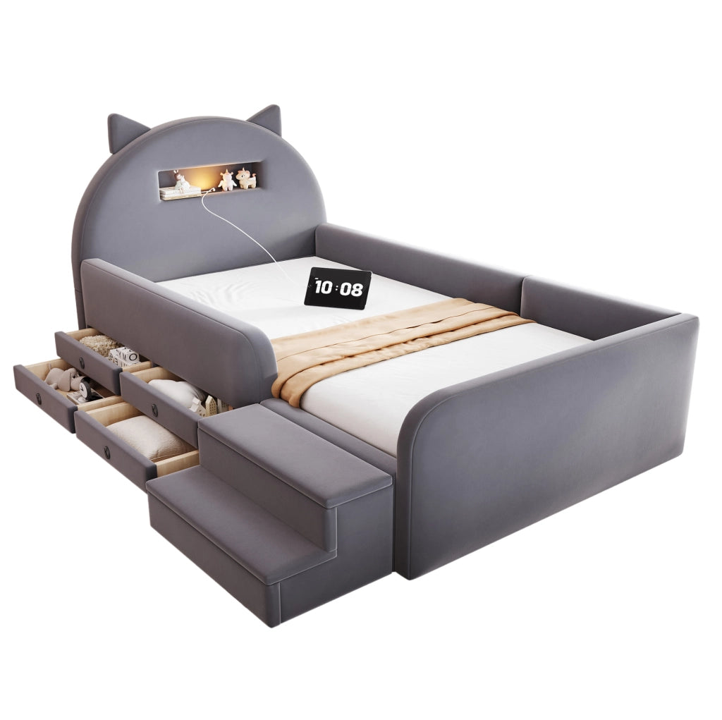 Letto imbottito 90x200 cm con contenitore; luce notturna e USB in velluto grigio scuro