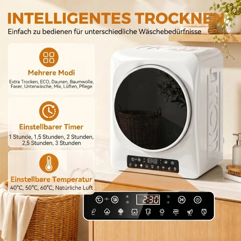 Asciugatrice compatta a ventilazione da 1000 W con modalit¨¤ extra dry ed ECO, timer e impostazioni di temperatura, bianca