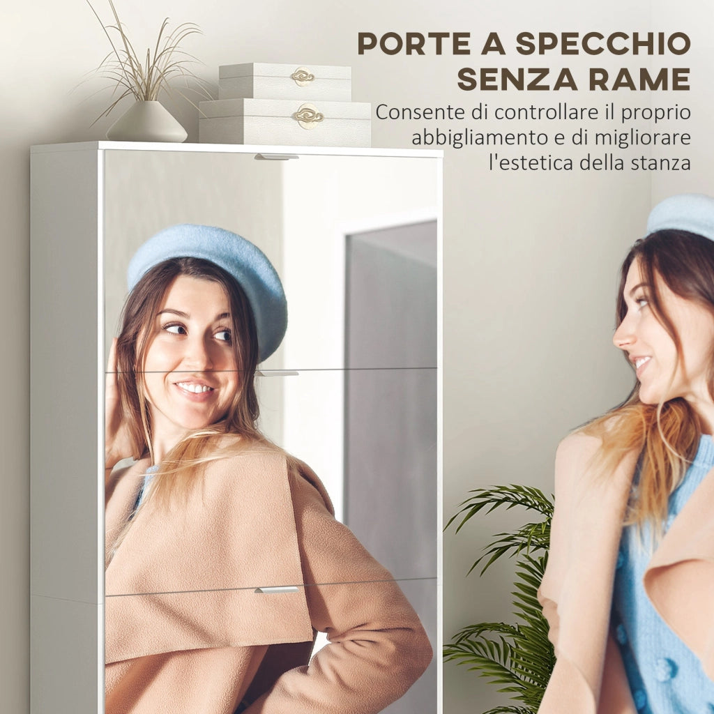 Scarpiera Salvaspazio Slim con Specchio e 4 Cassetti 24 Paia di Scarpe 76x26x178 cm Bianco
